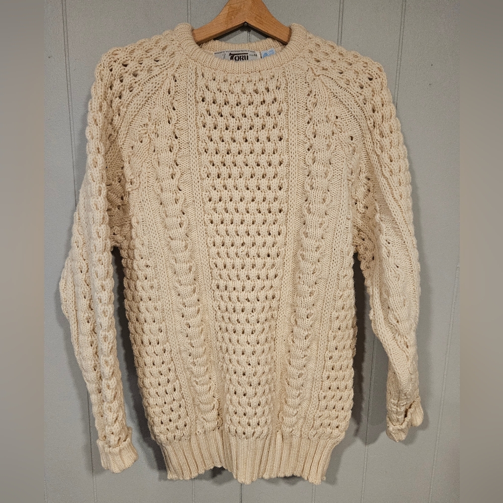 Tory Island Ireland Mens Wool Cable-Knit Fisherman Donegal Sweater Size 44 White